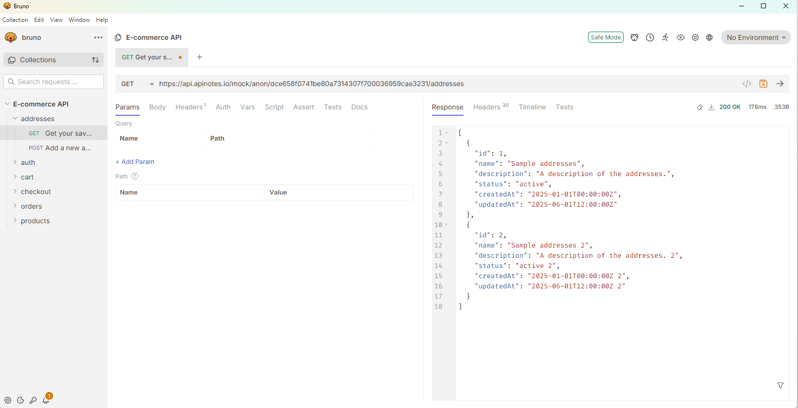 Bruno app with imported mock server collection showing endpoints and mock response