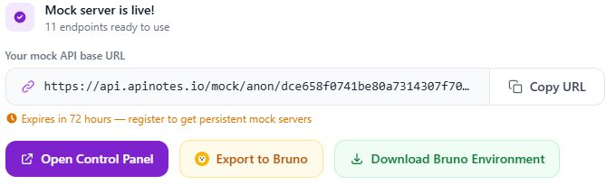Export to Bruno button on the mock server dashboard