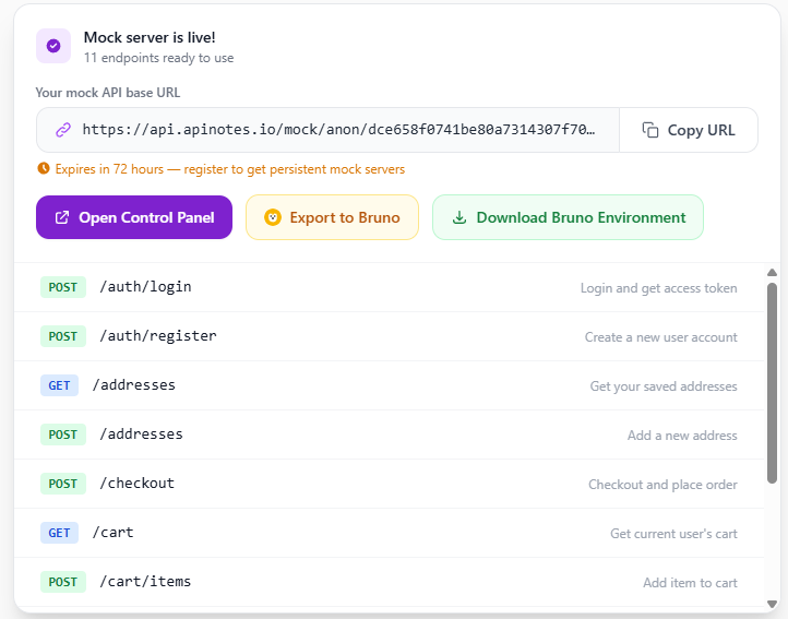 Mock server dashboard showing generated API endpoints with live URLs