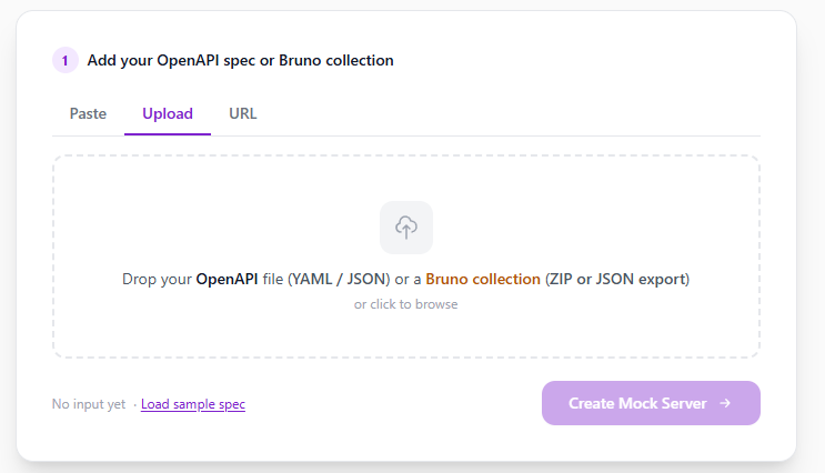 ApiNotes mock server upload area accepting OpenAPI specs and Bruno collections
