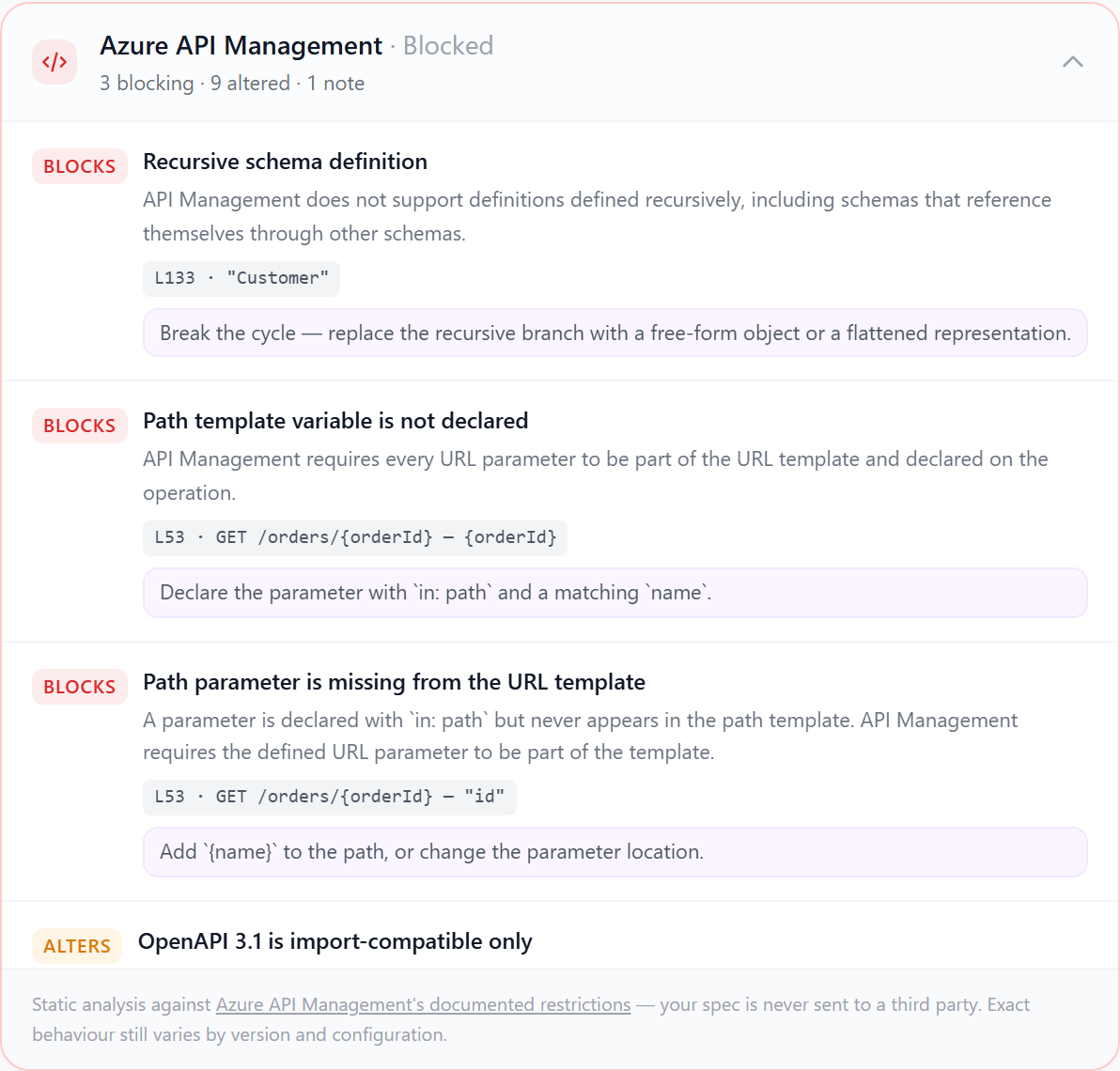 The expanded Azure API Management compatibility report showing blocked imports and silently dropped spec features.