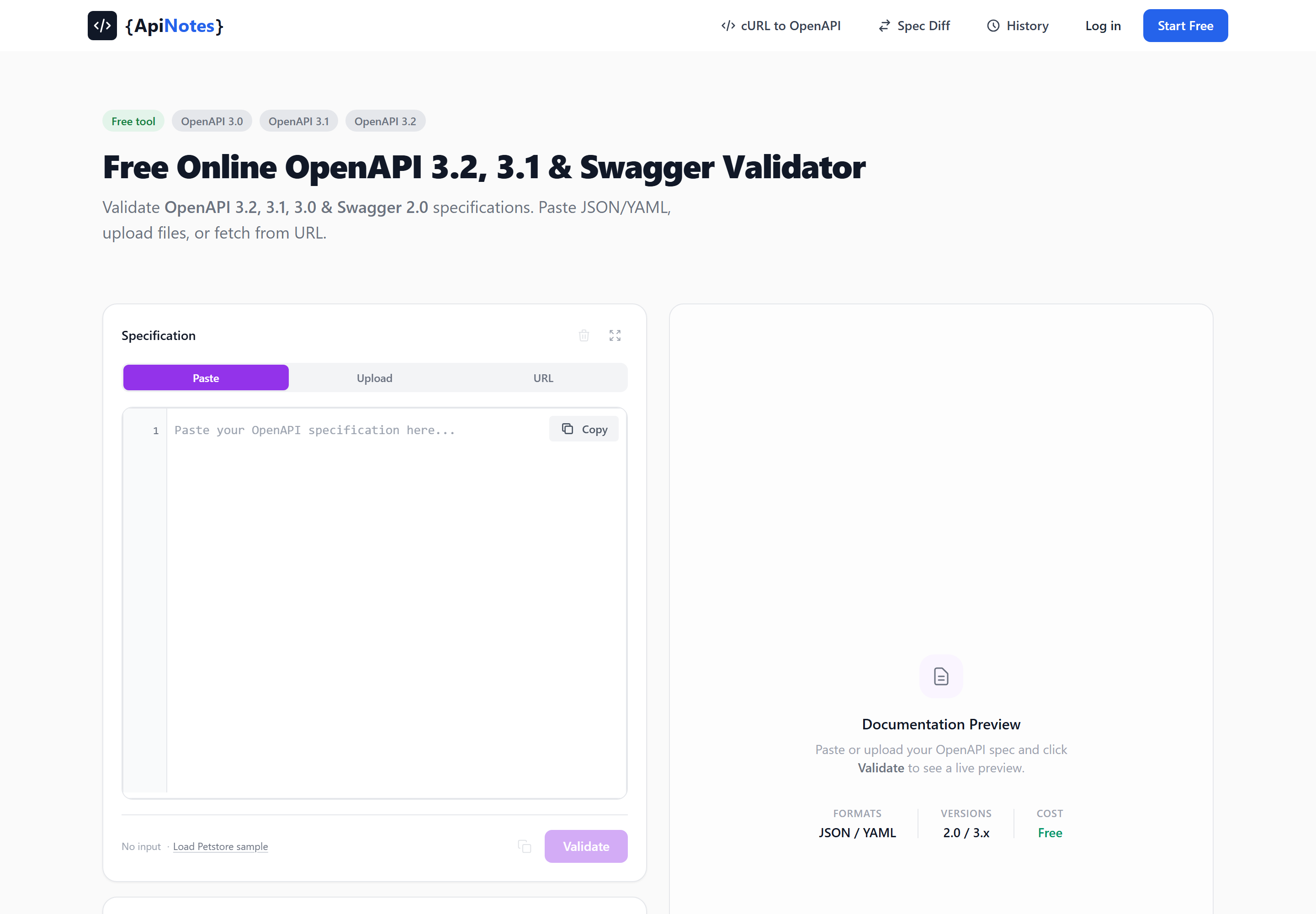 The ApiNotes validator before a spec is loaded, showing the paste, upload, and URL input tabs alongside the empty preview panel.