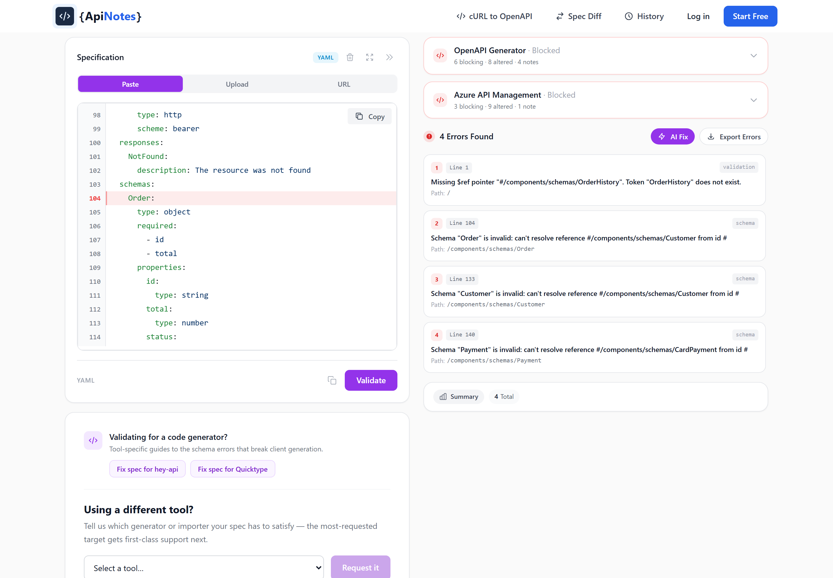 The validation results panel listing errors with line numbers, JSON paths, failing keywords, and inline fix suggestions.