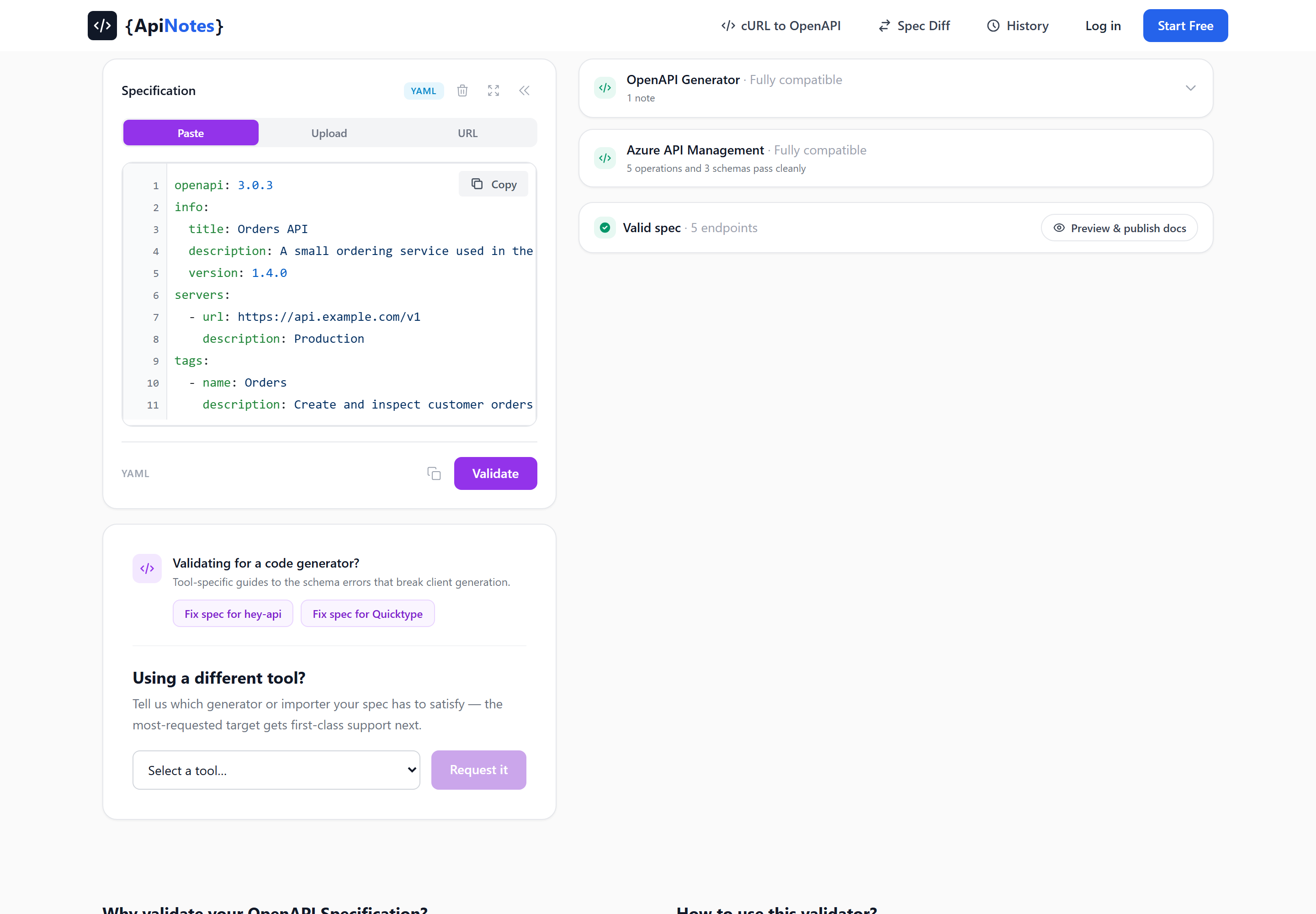 Both compatibility targets passing and the valid-spec confirmation with its endpoint count and documentation preview button.