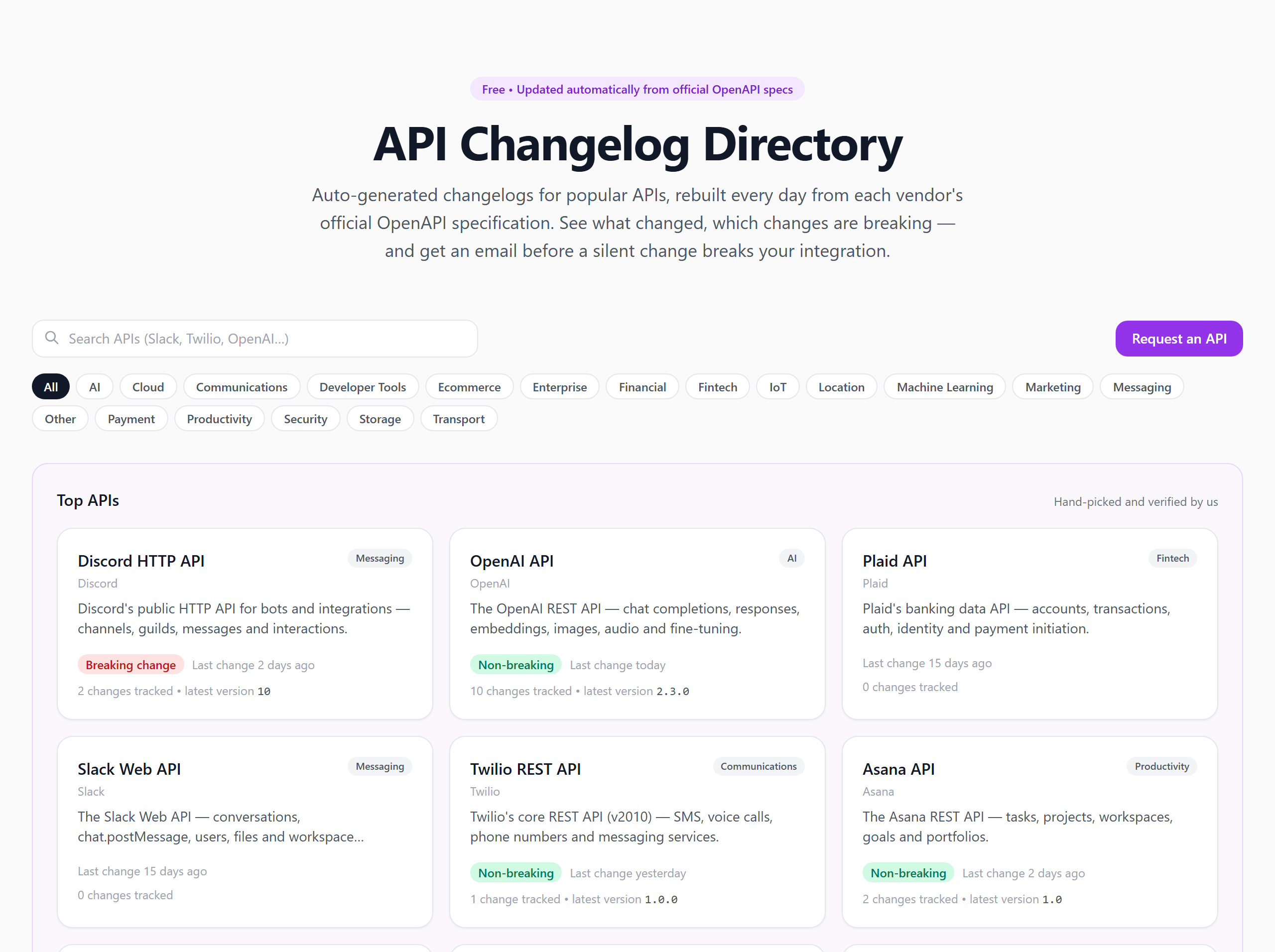 ApiNotes API changelog directory listing tracked public APIs by category, each card showing whether the last change was breaking