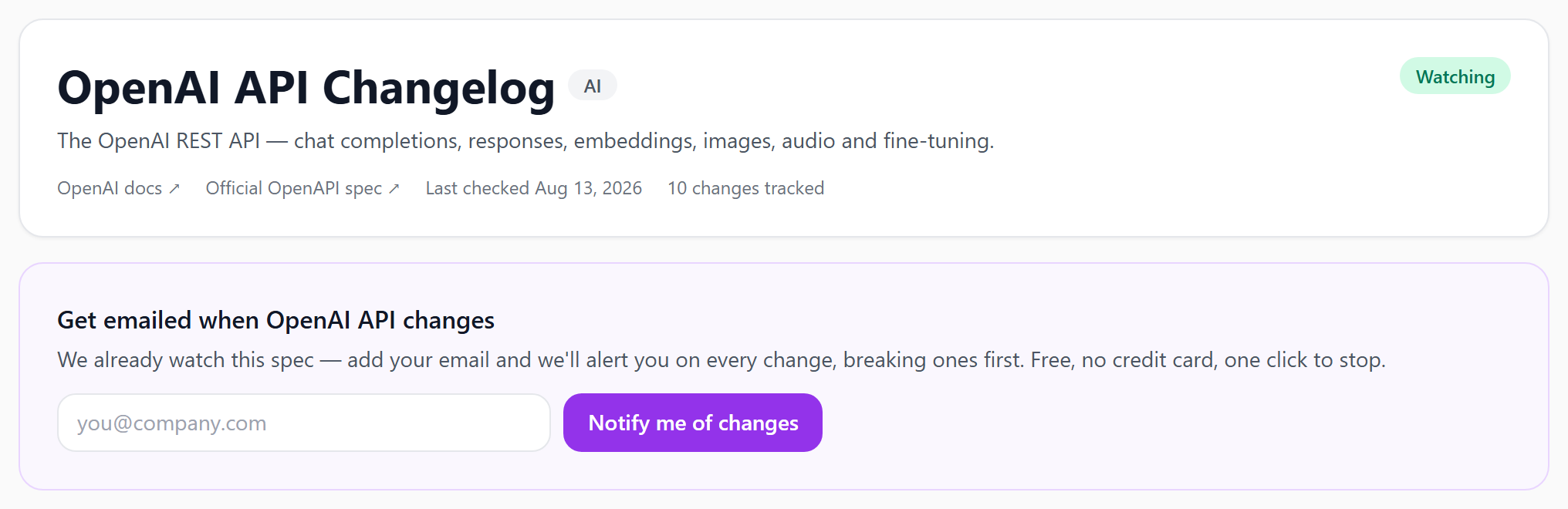 Email alert signup box on the OpenAI API changelog page, with the Watching status badge above it