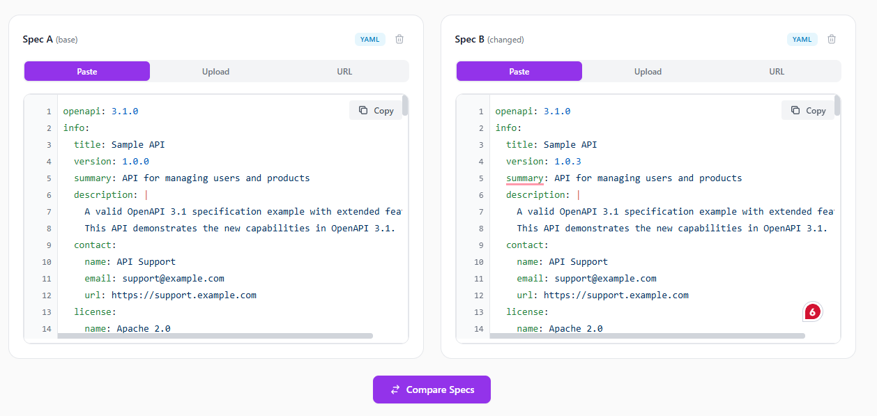 OpenAPI diff upload view with old and new spec inputs in ApiNotes