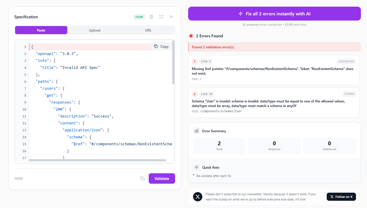 The ApiNotes validation view displaying line-linked errors or messages for a spec with invalid refs or schema problems.