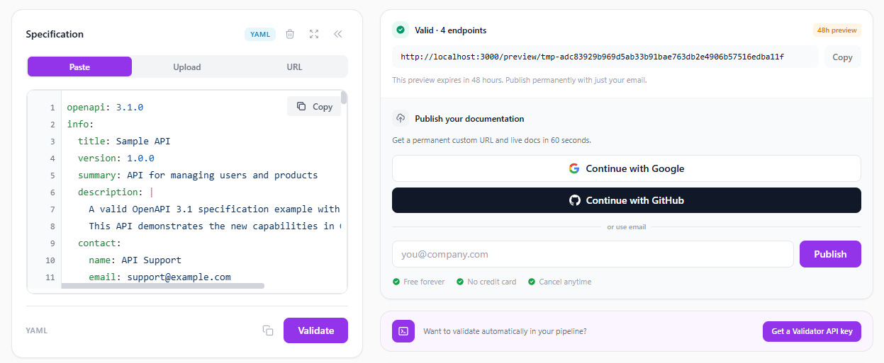 The ApiNotes validator showing a valid spec with a successful result and no blocking errors.
