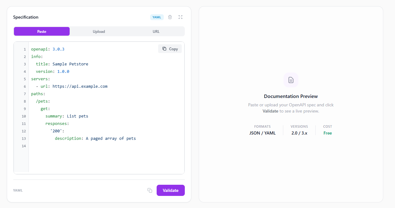 The main ApiNotes validator interface with the paste area, upload control, and a sample spec loaded or ready to load.